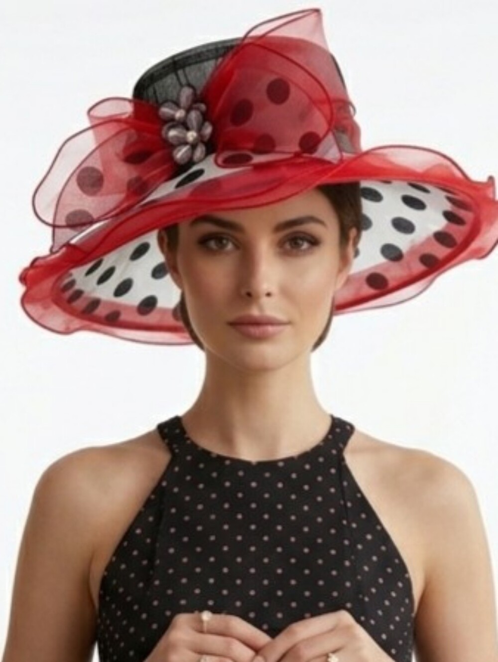 Beloved Millinery Beautiful Red & Black Polka Dot Hat Jeweled Brooch
